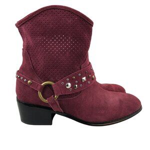 Twiggy London Women's 7.5M Burgundy Suede Studded Pull On Slouch Harness Boots